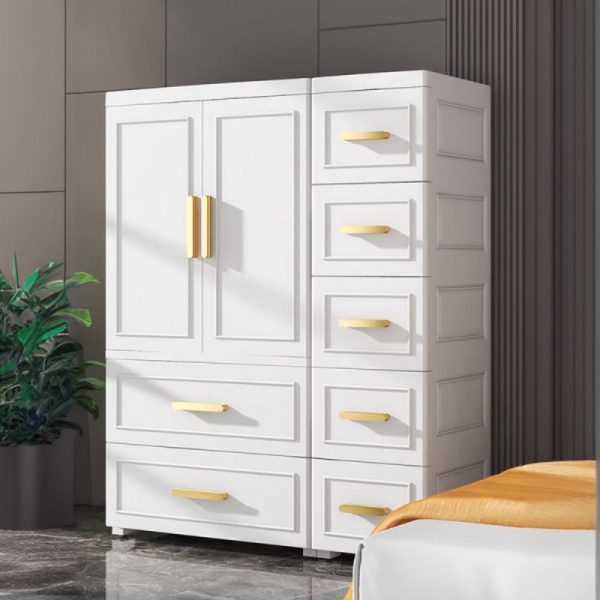 "Children's Wardrobe with Synthetic Material, Shelf, Drawer, Clothing Rod, and Door"