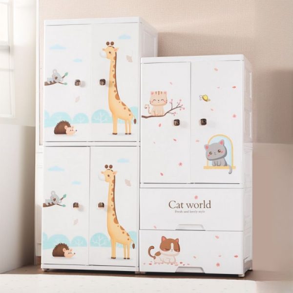 "Animal-Themed White Synthetic Children's Wardrobe with Door and Removable Clothing Rod"