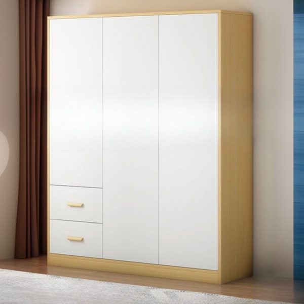 "Beige Children's Wardrobe with Lumber Material, Shelf, Drawer, Clothing Rod, and Door"