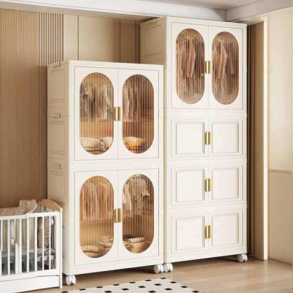 "Beige Children's Wardrobe with Synthetic Material, Shelf, Clothing Rod, and Door"