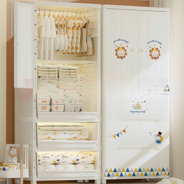 "White Synthetic Material Children's Wardrobe with Shelf, Drawer, Clothing Rod, and Door"