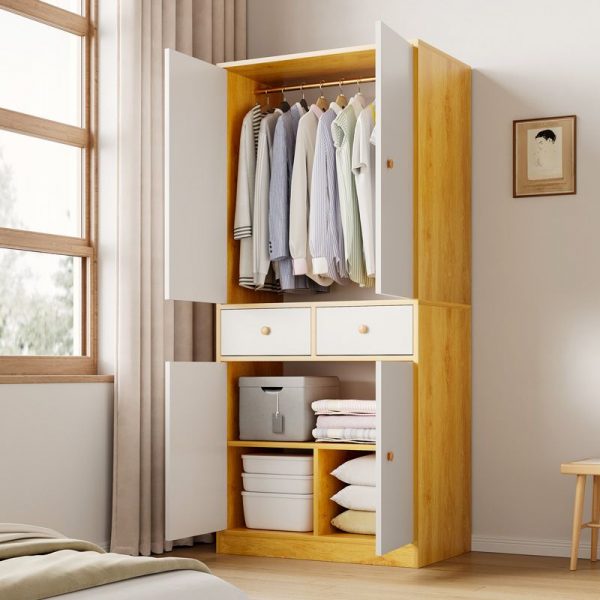 "Lumber Children's Wardrobe with Shelf, Drawer, Clothing Rod, and Door"