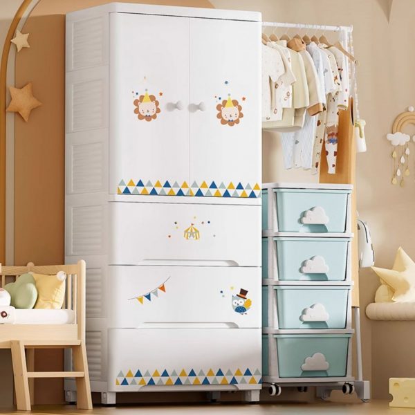 "White Synthetic Material Children's Wardrobe with Animal Theme, Shelf, Clothing Rod, and Door"