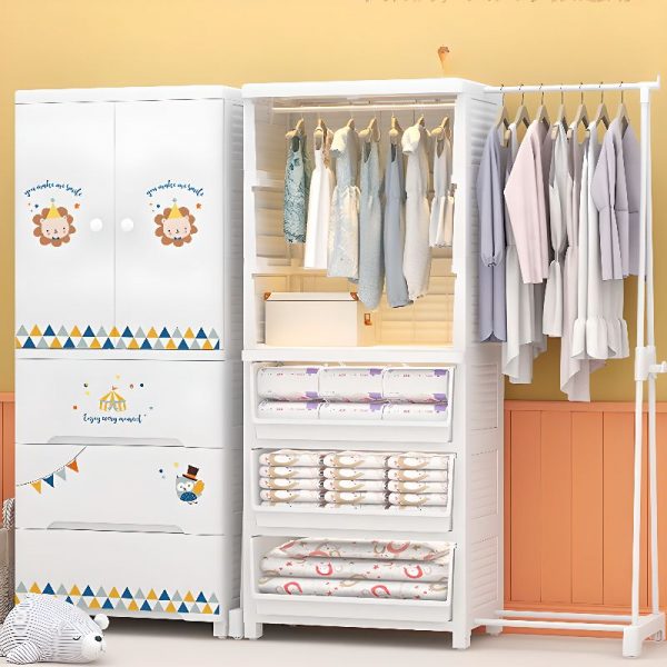 "White Synthetic Material Children's Wardrobe with Cartoon Theme, Shelf, Drawer, Clothing Rod, and Door"